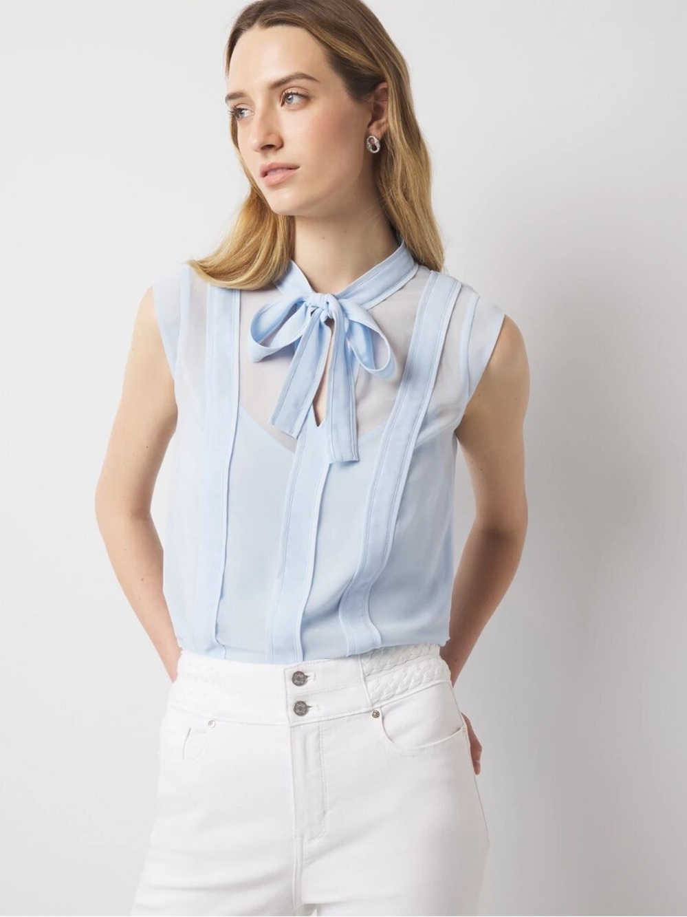 White House Black Market Light Blue Necktie Shell Blouse